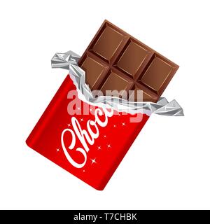 Barre de chocolat a ouvert en aluminium enveloppé et rouge Illustration de Vecteur