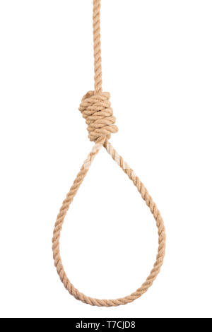 Corde corde avec un noeud du pendu isolé sur fond blanc Banque D'Images