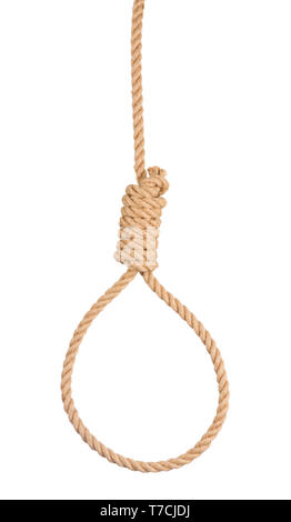 Corde corde avec un noeud du pendu isolé sur fond blanc Banque D'Images