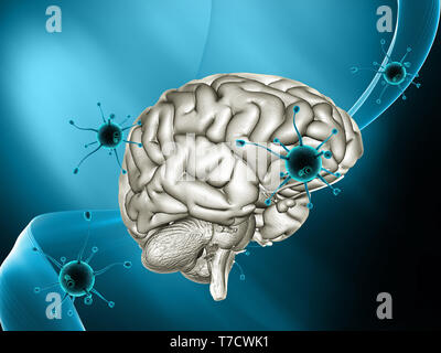 3D render of a medical background avec cellules virus attaquant un cerveau Banque D'Images