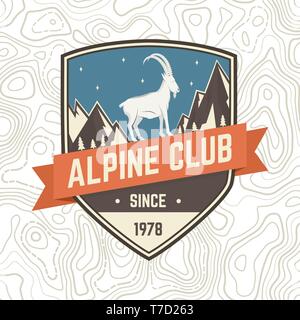 Club alpin patch. Vector illustration. Concept pour chemise ou d'un insigne, d'impression, de timbres ou de pièce en t. Typographie vintage design avec Escalade et montagne chèvre silhouette. Emblème de l'aventure de plein air. Illustration de Vecteur