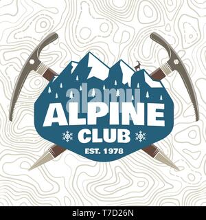 Club alpin patch. Vector illustration. Concept pour chemise ou d'un insigne, d'impression, de timbres ou de pièce en t. Typographie vintage design avec piolet, l'Escalade et montagne chèvre silhouette. Emblème de l'aventure de plein air. Illustration de Vecteur