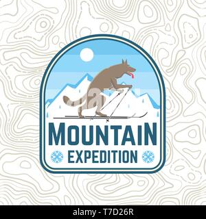 Patch expédition en montagne. Vector illustration. Concept pour chemise ou d'un insigne, d'impression, de timbres ou de pièce en t. Typographie vintage design avec wolf sur les pistes de silhouette. Emblème de l'aventure de plein air. Illustration de Vecteur