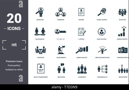 Ressources humaines icons set collection. Comprend des éléments simples comme la recherche, le travail d'équipe, CV, Recherche globale, la sélection, les réalisations et les droits de l'un Illustration de Vecteur