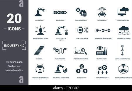 4.0 L'industrie icons set collection. Comprend des éléments simples tels que l'automatisation, de la chaîne de valeur, gestion de données, autonomes, Cloud Computing, bouchon et Wo Illustration de Vecteur