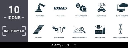 4.0 L'industrie icons set collection. Comprend des éléments simples tels que l'automatisation, de la chaîne de valeur, gestion de données, autonomes, Cloud Computing, bouchon et Wo Illustration de Vecteur