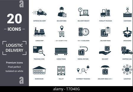 Prestation logistique icons set collection. Comprend des éléments simples tels que la livraison express, Man, poids du colis, conteneurs, paquet de chariot élévateur Illustration de Vecteur