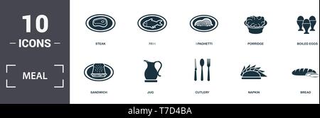 Icons set repas collection. Comprend des éléments simples tels que des steaks, poissons, spaghetti, porridge, Œufs durs, Jug et couverts d'icônes premium Illustration de Vecteur