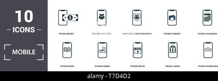 Mobile App icons set collection. Comprend des éléments simples comme de l'argent, des contacts téléphoniques, Contacts de sécurité, appareil photo, téléphone téléphone calendrier, jeux et Ph Illustration de Vecteur