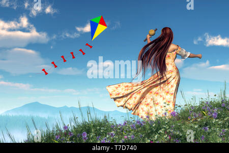 Une femme en robe à fleurs un vole un cerf-volant de couleur vive au sommet d'une colline herbeuse pleine de fleurs sauvages au printemps. Le Rendu 3D Banque D'Images
