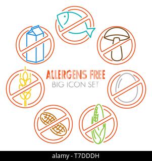 Vector icons set des allergènes produits gratuits (lait, poisson, oeuf, gluten, blé, l'écrou, lactose, maïs, champignons) - version couleur Illustration de Vecteur