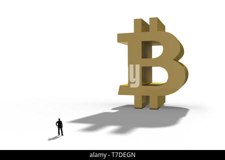 Businessman standing in front of un géant symbole Bitcoin. Paiement Internet,finance et business concept. 3D illustration. Banque D'Images