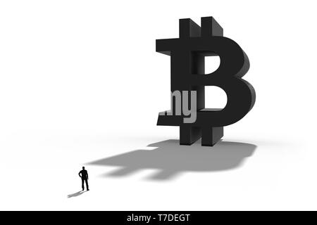 Businessman standing in front of un géant symbole Bitcoin. Paiement Internet,finance et business concept. 3D illustration. Banque D'Images