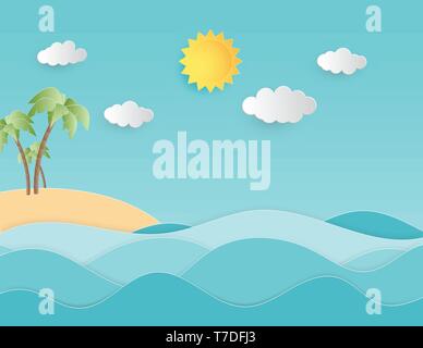 Arrière-plan de l'été illustration créative concept paper cut style avec paysage de mer vague et plage avec palmier. Conception de brochure d'été Illustration de Vecteur