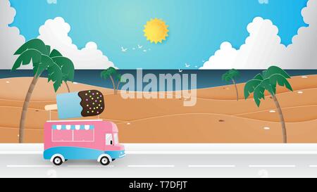 Saison d'été, vacances, voyage historique concept paper cut style. Ice cream van sur la route avec paysage de plage et de sable, de palmier, Seascape, s Illustration de Vecteur