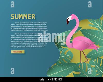 Fond d'été avec des oiseaux tropicaux flamingo et palm et les feuilles papier coupé style. affiche, flyer, web template, bannière, brochure, shopping, promo, adv Illustration de Vecteur