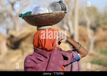 Woman balancing des cow-dung sur la tête à l'exécution pour le séchage et l'a utilisé pour faire du feu Banque D'Images