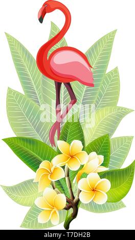 Conception d'été pour la publicité avec Flamingo, feuilles et fleurs tropicales Illustration de Vecteur