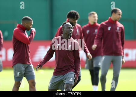 Liverpool, Royaume-Uni. 06 mai, 2019. Sadio Mane de Liverpool (centre). Ligue des Champions, la formation de l'équipe du Liverpool FC, Liverpool FC à Melwood formation du sol à Liverpool le lundi 6 mai 2019. L'équipe de formation de demain sont avant le match contre Barcelone. Ce droit ne peut être utilisé qu'à des fins rédactionnelles. Editorial uniquement. Photos par Chris Stading/Andrew Orchard la photographie de sport/Alamy live news Crédit : Andrew Orchard la photographie de sport/Alamy Live News Banque D'Images