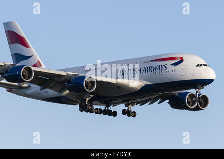 Richmond, Colombie-Britannique, Canada. 5 mai, 2019. Un British Airways Airbus A380-841 (G) XLEE-jetliner en courte finale pour l'atterrissage. Credit : Bayne Stanley/ZUMA/Alamy Fil Live News Banque D'Images