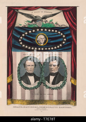 Campagne présidentielle, bannière pour Portraits Buste Président, Franklin Pierce, le Président, de Vice-président, William R. King, George Washington, Grand, national et démocratique, bannière, appuyez sur Onward, Portraits du daguerréotype, lithographie de Nathaniel Currier, 1852 Banque D'Images