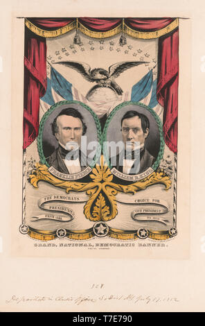 Campagne présidentielle, bannière pour Portraits Buste Président, Franklin Pierce, le Président, de Vice-président, William R. King, Grand, national et démocratique, bannière, appuyez sur Onward, Portraits du daguerréotype, lithographie de Nathaniel Currier, 1852 Banque D'Images