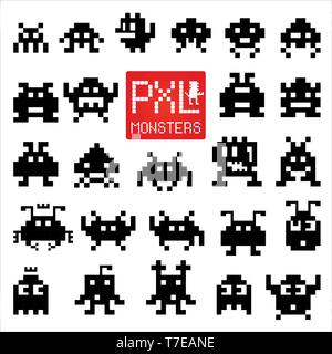 Ensemble de gai et genre pixel monsters. Illustration de Vecteur