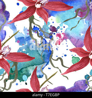 Orchidées fleurs botanique de Marsala. Lame de ressort sauvages isolés de fleurs sauvages. Illustration à l'aquarelle. Aquarelle Dessin aquarelle de mode. B transparente Banque D'Images