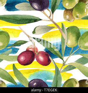 Olives fraîches alimentation saine. Contexte aquarelle illustration set. Aquarelle Dessin aquarelle mode isolé. Motif de fond transparent. Fabric Banque D'Images