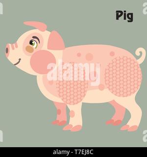 Grandes lignes décoratives colorées cute pink pig standing en profil. Les animaux de ferme et les oiseaux vector cartoon illustration télévision en différentes couleurs isolé sur Illustration de Vecteur