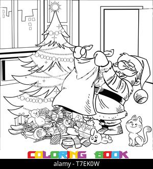 L'illustration présente le Père Noël, qui a porté le sac de cadeaux sous l'arbre de Noël. Un contour noir est fait pour un livre de coloriage. Illustration de Vecteur