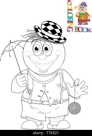 L'illustration montre un clown funny cartoon avec un parapluie dans la main . Un contour noir est fait pour un livre de coloriage. Illustration de Vecteur