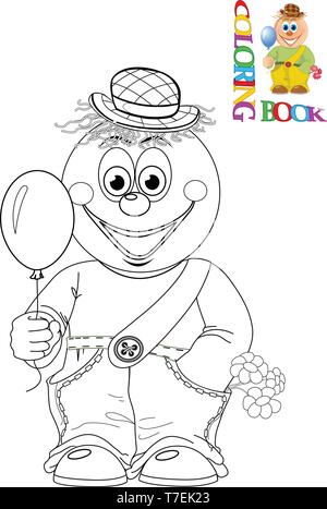 L'illustration montre un clown funny cartoon avec un ballon en main et fleurs. Un contour noir est fait pour un livre de coloriage. Illustration de Vecteur