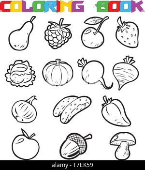 Ensemble de fruits et légumes frais isolé sur fond blanc. Faites un contour noir pour un livre de coloriage. Illustration de Vecteur