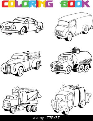 Un ensemble de certains types de voitures et camions. Un contour noir est fait pour un livre de coloriage. En fait l'illustration cartoon style sur des calques distincts Illustration de Vecteur