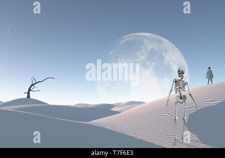 Désert blanc surréaliste avec arbre sec, grande lune à l'horizon. L'homme en costume blanc et bowler se dresse sur une dune de sable. Squelette symbolise la mort. Banque D'Images