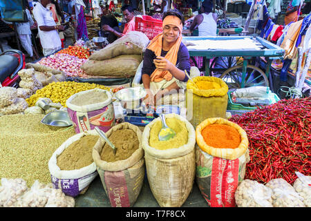 Étals d'épices et de piment dans un marché intérieur local à Shahpura, une ville dans le district de Dindori dans le centre de l'État indien de Madhya Pradesh Banque D'Images