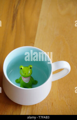 Figurine grenouille mignon dans le mug blanc avec base de Sunny Banque D'Images