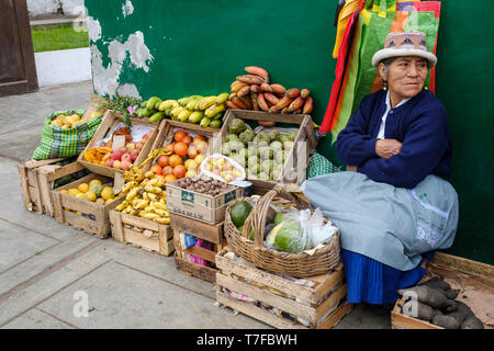 Femme vendant des fruits sur les rues de Barranca, Pérou Banque D'Images