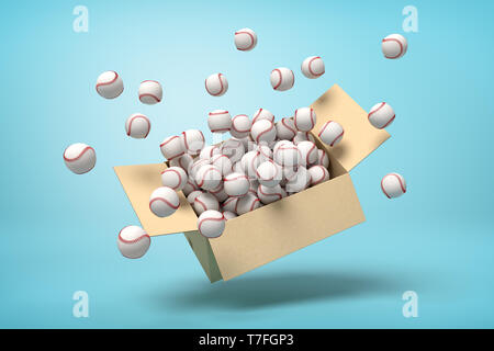 Le rendu 3D de balles de baseball blanc éclatant hors de boîte de carton sur fond bleu Banque D'Images