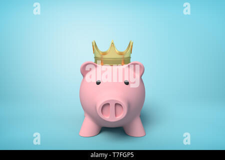 Avant 3d rendu close-up of pink piggy bank wearing couronne d'or sur fond bleu clair. Banque D'Images