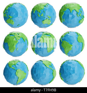 Ensemble de faible masse poly globe illustration. L'icône globe polygonale de collecte, la faible conception poly. Faible Création d'origami poly globe. Le Rendu 3D Banque D'Images