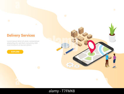 3D isométrique le service en ligne concept avec gens offrent de l'ordre de conception de modèle de site web ou d'atterrissage homepage - vector illustration Banque D'Images