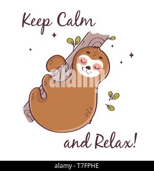 Sloth dormir sur l'arbre isolé sur fond blanc. Cute vector illustration avec citation de motivation - Restez Calme et détente. Illustration de Vecteur