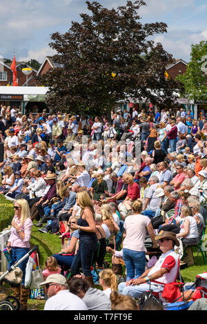 Grande foule de gens spectateur, rassemblées autour d'arène principale se détendre, assis au soleil, regarder des événement - grand show du Yorkshire, Harrogate, England, UK. Banque D'Images