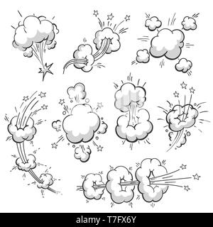 Nuages Cartoon déménagement avec sentiers. série de bande dessinée de dynamitage des nuages. Vector illustration. Illustration de Vecteur