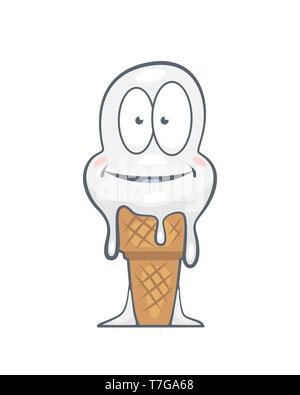 Personnage de cute white ice cream regarda avec de gros yeux est en train de fondre et souriant. Le caractère de la crème glacée est isolé sur un fond blanc. Illustration de Vecteur