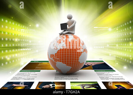 Homme assis sur un globe avec l'ordinateur portable. Sur le toit du monde. Banque D'Images