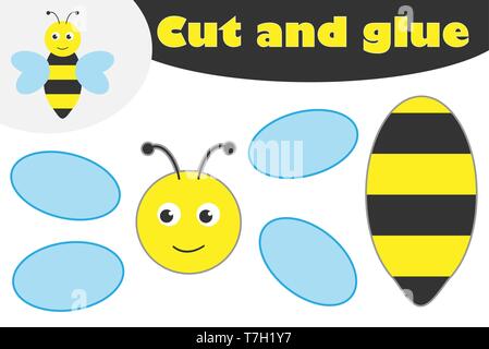 Cute cartoon style abeille dans l'éducation, le développement de jeu pour les enfants d'âge préscolaire, des ciseaux et de la colle pour créer l'appliqué, couper des parties du Illustration de Vecteur