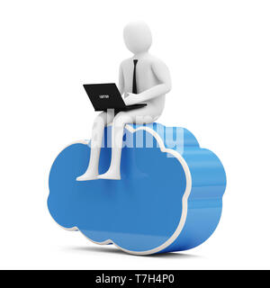 3d Man with Laptop sitting symbole sur le Cloud Computing Banque D'Images